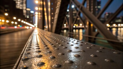 A macro shot of the texture on the surface of a steel truss showcasing the fine grain patterns and slight imperfections inherent to the metal. The reflection of city lights creates