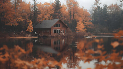 Obraz premium Cabin Reflects on Calm Lake with Vibrant Autumn Colors Lakeside