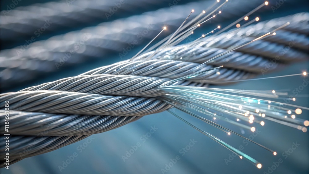 Poster a macro view of glistening silvery steel cables intertwined with fiber optic lines showcasing the un