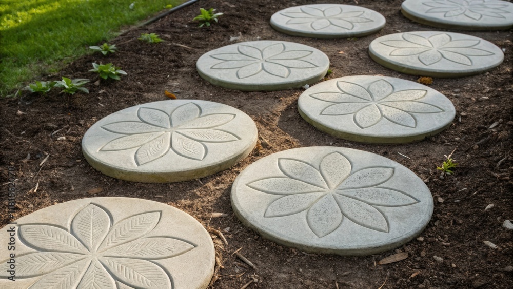 Poster A meticulous display of handcrafted concrete stepping stones each one imprinted with unique patterns resembling leaves and flowers. The stones are arranged in a deliberate pattern