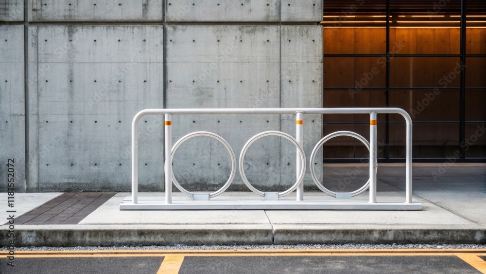 Poster a modular bike rack immediately contrasts with its surroundings set against a backdrop of industrial