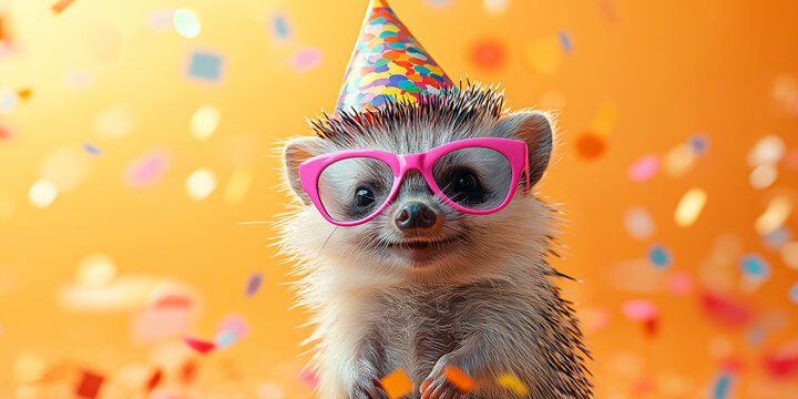 Festive hedgehog celebrating a birthday colorful confetti background animal portrait joyful atmosphere close-up view whimsical concept