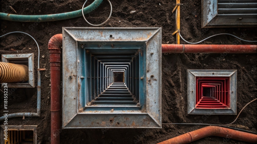 Aufkleber An abstract composition of several ventilation ducts at various angles creating a labyrinthine effect. The image focuses on the contrasting colors of the weathered steel against