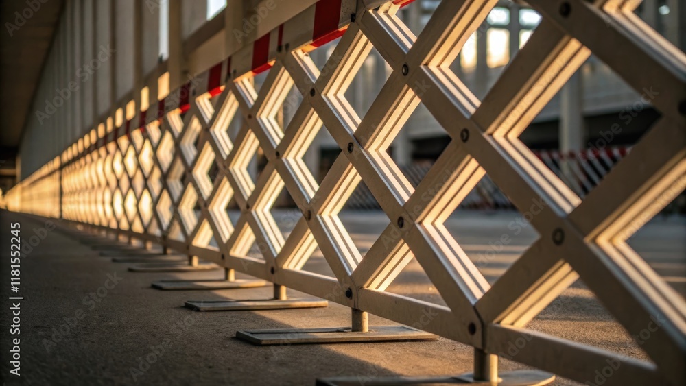 Aufkleber An abstract composition focuses on the repetitive shapes and lines formed by a of barriers creating a rhythmic visual pattern. The close framing captures the interplay of light on