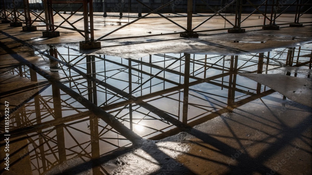 Fototapete An abstract composition created by the shadows of scaffolding cast onto the wet ground below where puddles have formed after recent rain. The reflections create a distorted image