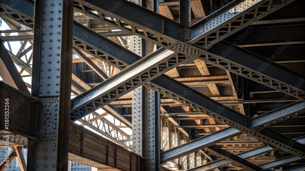 Aufkleber An abstract composition showcases the intersection of multiple girders at various angles creating a labyrinth of steel. The contrast of polished metal and rough edges offers a