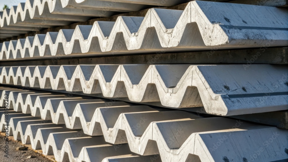 Aufkleber An abstract composition shows crosssections of precast crash barriers stacked on one another their smooth surfaces interplaying with shadows and light. The focus on the layers