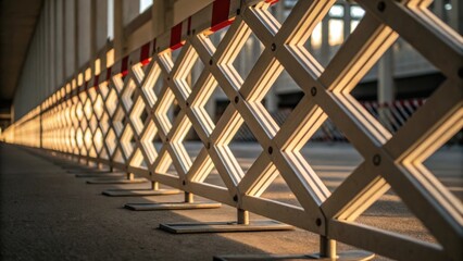 An abstract composition focuses on the repetitive shapes and lines formed by a of barriers creating a rhythmic visual pattern. The close framing captures the interplay of light on