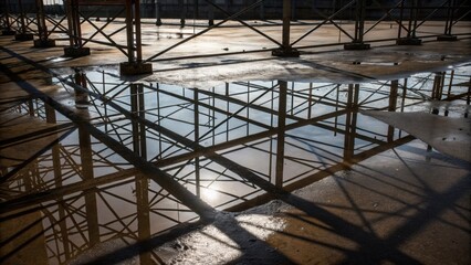An abstract composition created by the shadows of scaffolding cast onto the wet ground below where puddles have formed after recent rain. The reflections create a distorted image