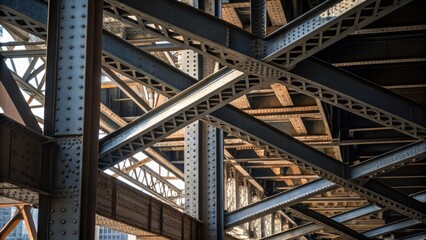 An abstract composition showcases the intersection of multiple girders at various angles creating a labyrinth of steel. The contrast of polished metal and rough edges offers a