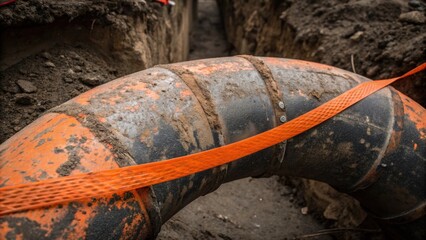 An abstract view of a curved weatherworn sewer pipe with patches of dark gritty grime covering its surface. The bright orange of construction tape flutters nearby contrasting
