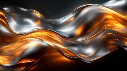 Abstract metallic flowing waves. Reflective chrome with golden highlights, smooth and dynamic design.
