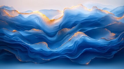 Fluid Blue Gold Abstract: Swirling translucent blue and turquoise paint layers with subtle gold ink. Calming, fluid background for design.