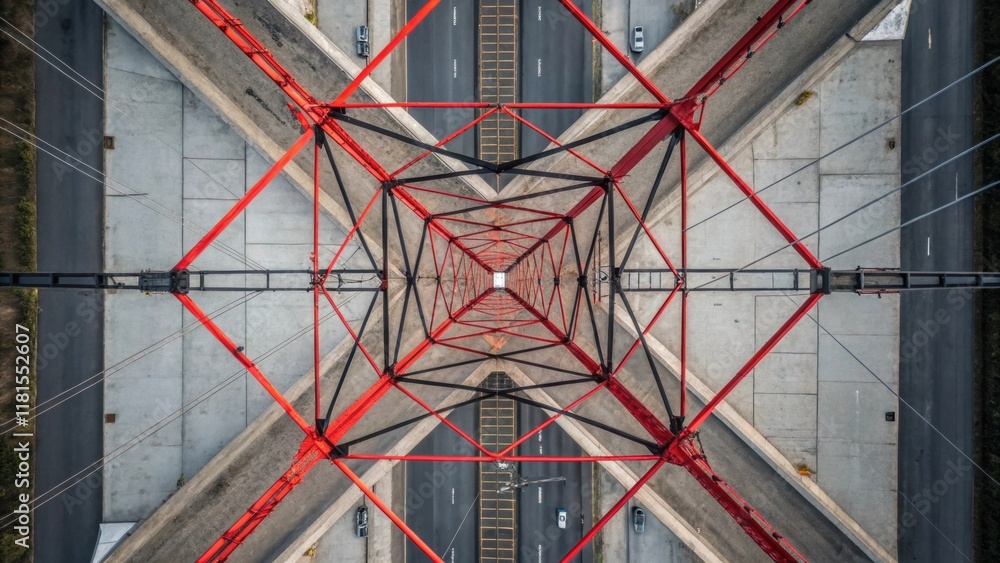 Poster An aerial perspective that captures the labyrinth of overhead lines connecting to the catenary system. The vivid reds and blacks of the wire contrast sharply with the weathered