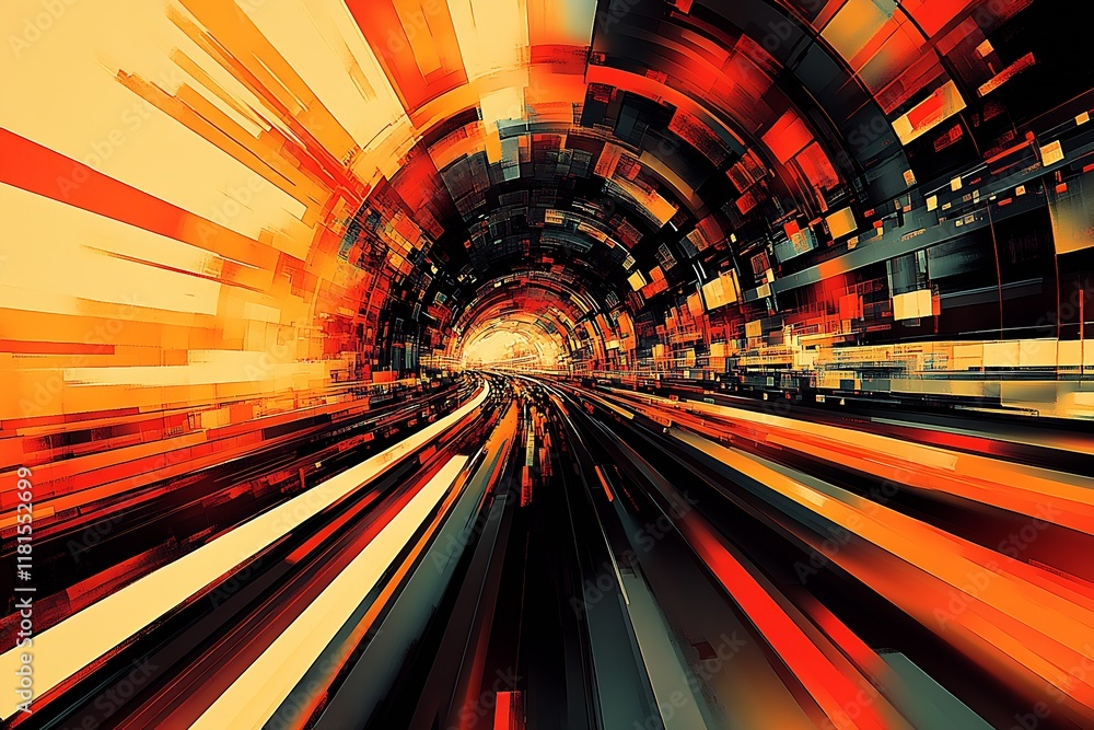 Poster abstract digital tunnel with speeding light streaks in vibrant orange and yellow hues : generative a