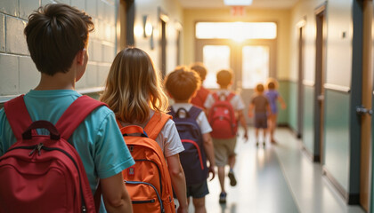 First-grade students walking towards classroom door at sunset, school journey