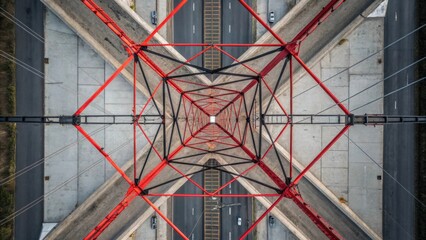 An aerial perspective that captures the labyrinth of overhead lines connecting to the catenary system. The vivid reds and blacks of the wire contrast sharply with the weathered