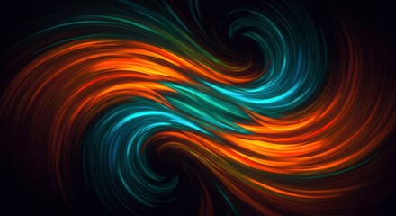 Abstract Swirling Energy: A mesmerizing abstract artwork featuring vibrant teal and fiery orange swirls, creating a dynamic and energetic composition against a deep black background.