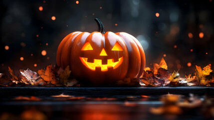 Spooky Jack-o'-Lantern Glows in Autumn Night with Falling Leaves