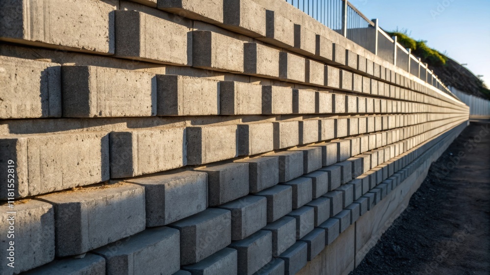 Poster an angled perspective revealing the layered structure of concrete blocks in a reinforced retaining w