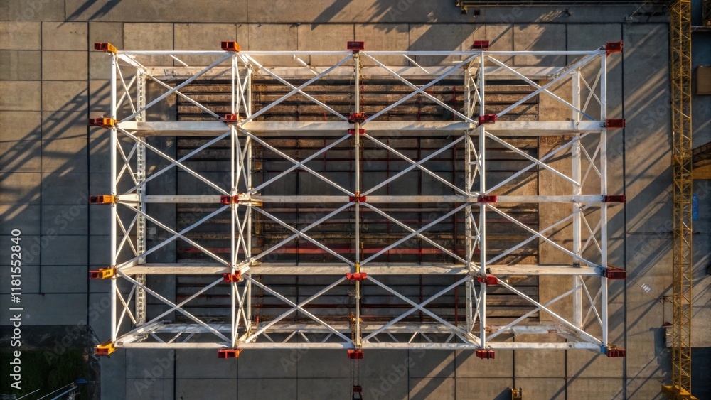 Aufkleber An aerial view of preassembled overhead supports stacked in an organized manner on scaffolding. The contrasting lines and shapes form an abstract pattern that speaks to the
