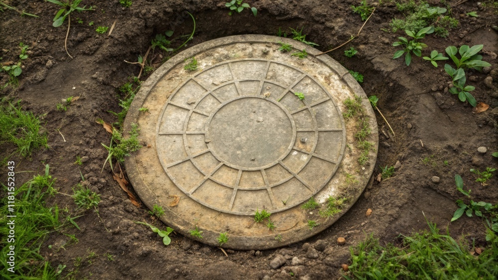 Poster An aged precast manhole cover halfburied in soil showcasing the natural weathering process with patches of moss and tiny sprouting weeds around its circumference. The rough pitted