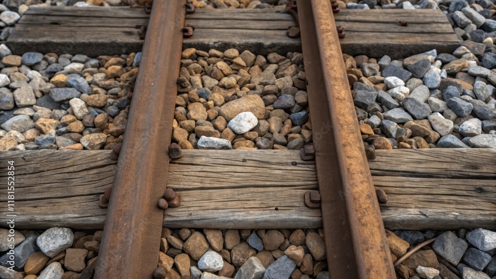 Poster An angle depicting the wooden ties juxtaposed against the ballast with the rough texture of the wood contrasting with the smooth rounded stones. The scene captures an array of