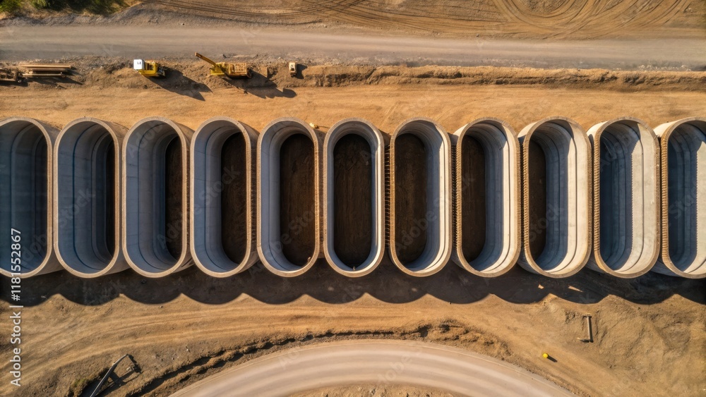 Poster An aerial view of several culvert sections assembled in a straight line emphasizing their uniformity and scale. The light catches the curves and edges creating a rhythmic pattern.