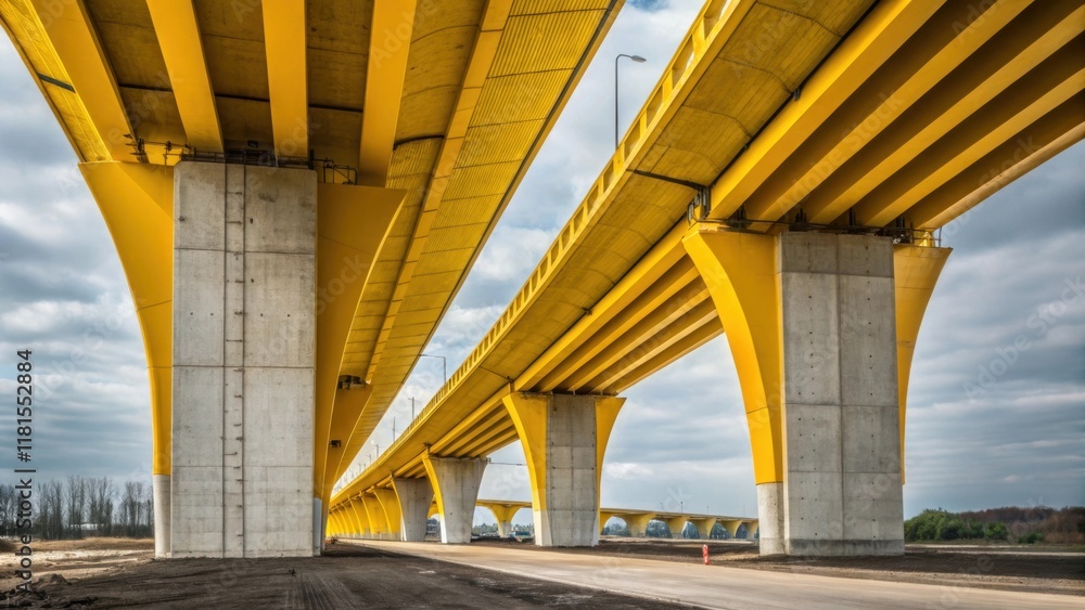 Poster An angled perspective that captures the loading ss gripping the precast viaduct sections like a giants embrace. The bright yellow color of the ss stands out against the grey