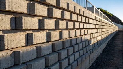 An angled perspective revealing the layered structure of concrete blocks in a reinforced retaining wall capturing the interplay of shadows and light that accentuates the depth and