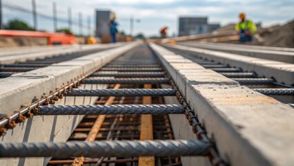 An angled closeup focusing on the interlocking edges of precast viaduct segments revealing steel reinforcement mesh exposed at some joints. The segments are partially covered in