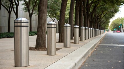 An angled perspective of a row of protective bollards each with distinct textures from sleek stainless steel finishes to rough concrete surfaces forming a protective barrier around