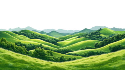 Lush green hillsides create a serene panorama under a clear sky with distant mountains. Isolated on transparent background, png.