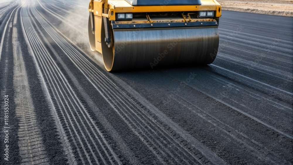 Poster An angled shot of a y roller compressing a freshly laid layer of asphalt creating ripples across the surface. The powerful machines wheels are partially embedded in the black