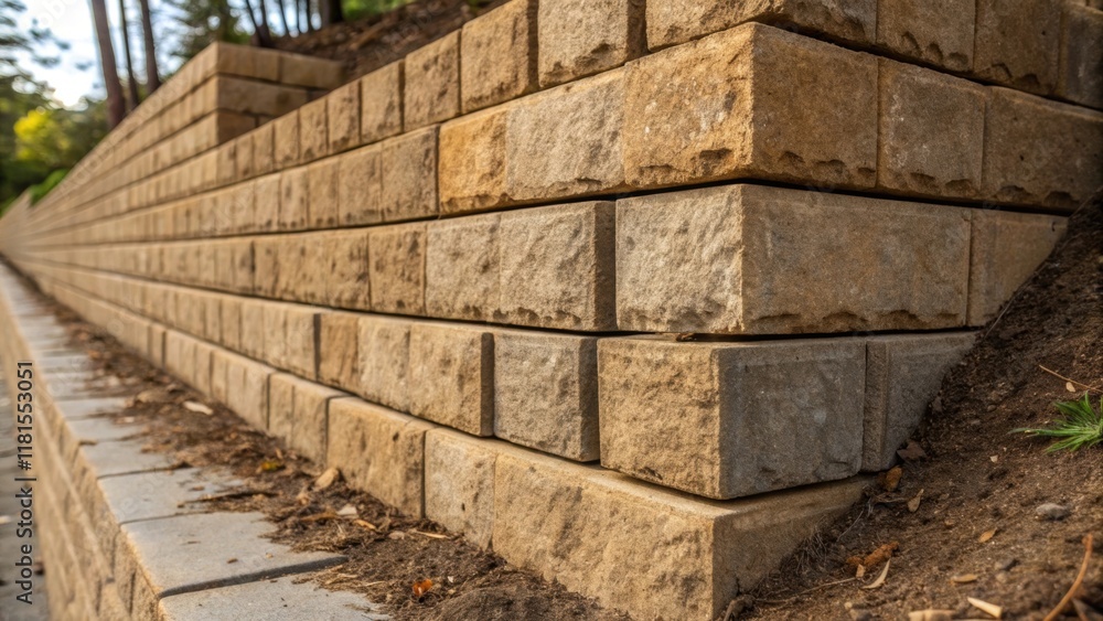 Poster An angled shot capturing the intersection of multiple retaining wall blocks revealing their interlocking mechanism. The detail highlights textures where the surfaces meet with bits
