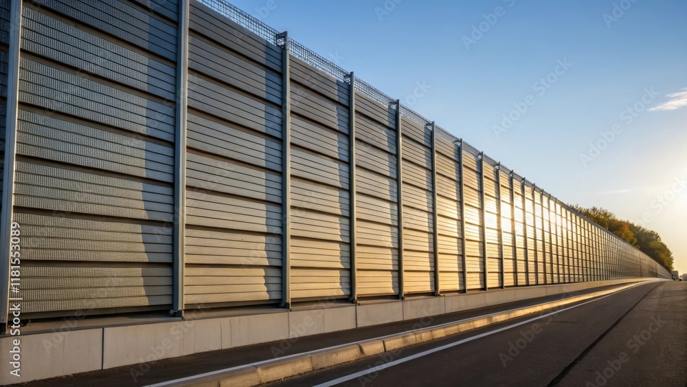 Aufkleber An angled view capturing the layered effect of several stacked noise barrier panels with sunlight glinting off the surfaces that are designed for high performance. The shadows