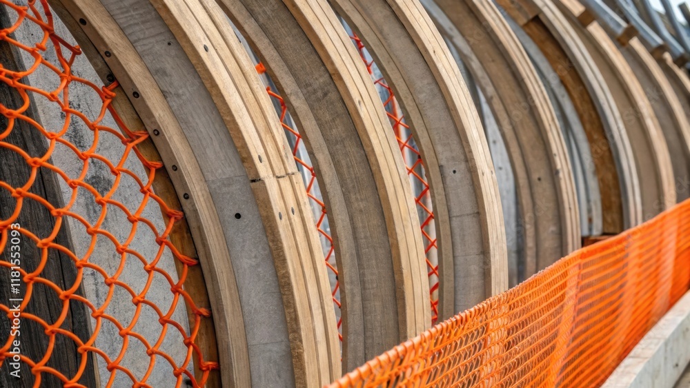 Aufkleber An angled shot of layers of coiled fencing the interwoven strands creating a visual rhythm with tered pieces of wood and concrete adding context to the construction scene alongside