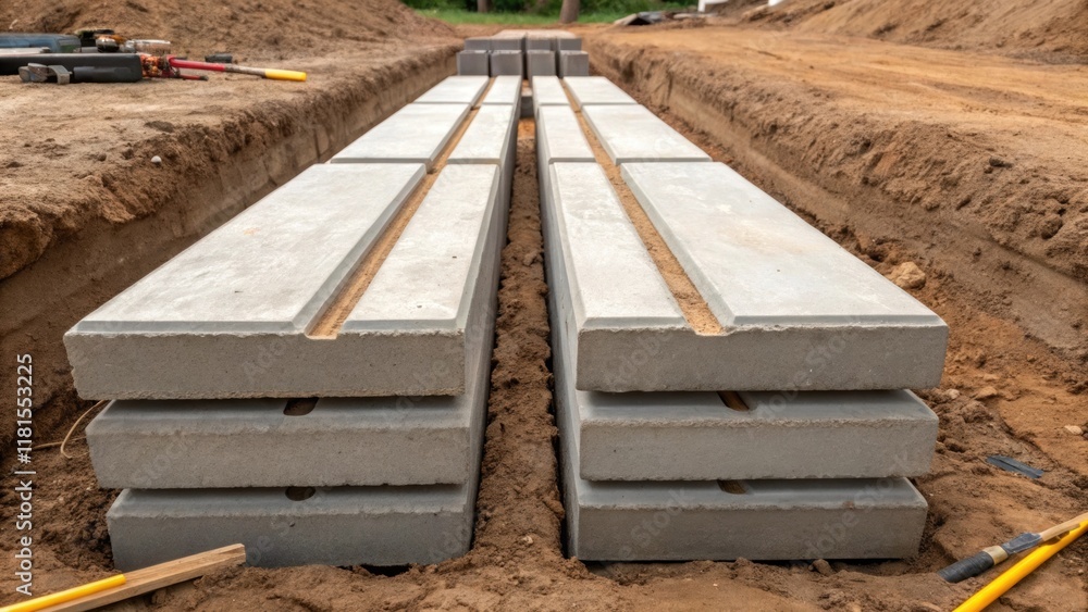 Poster An angle emphasizing the seams between stacked precast concrete segments revealing their precise alignment and craftsmanship. The earthy tones of the dirt and tered tools add an