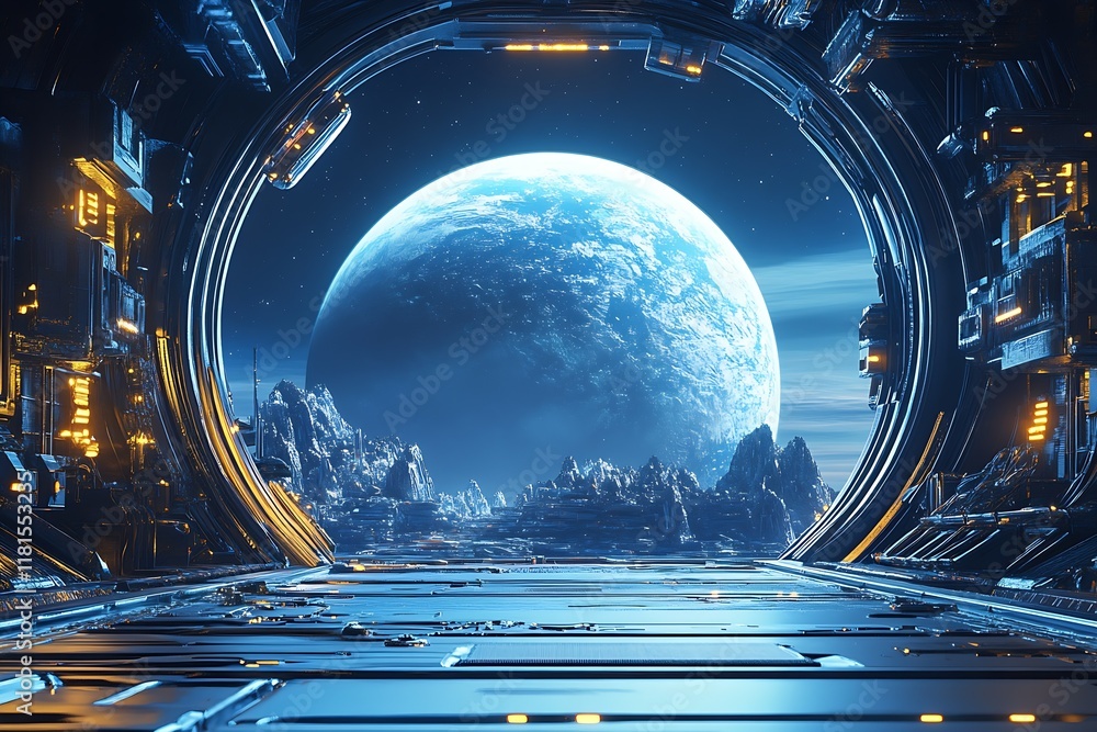 Poster Futuristic Space View through Portal with Distant Earth and Cosmic Landscape : Generative AI