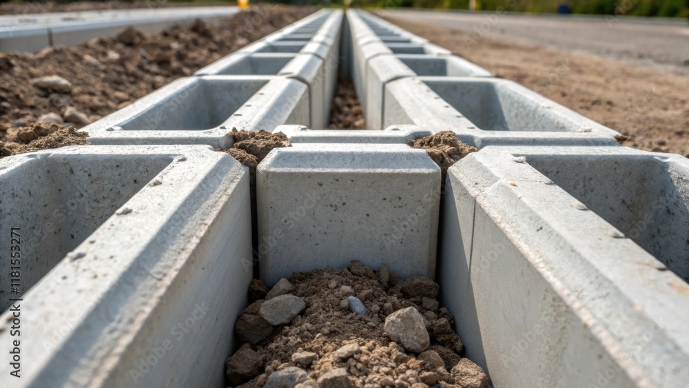 Aufkleber An angle highlighting the modular connection system of the precast concrete barriers featuring the interlocking edges designed to create a secure formation with soil and gravel