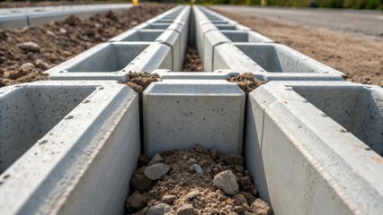 An angle highlighting the modular connection system of the precast concrete barriers featuring the interlocking edges designed to create a secure formation with soil and gravel