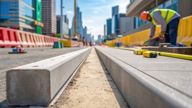 An angle highlighting the smooth straight edges of the curbs lined up perfectly against the backdrop of a vibrant urban landscape with construction tools tered nearby and a worker