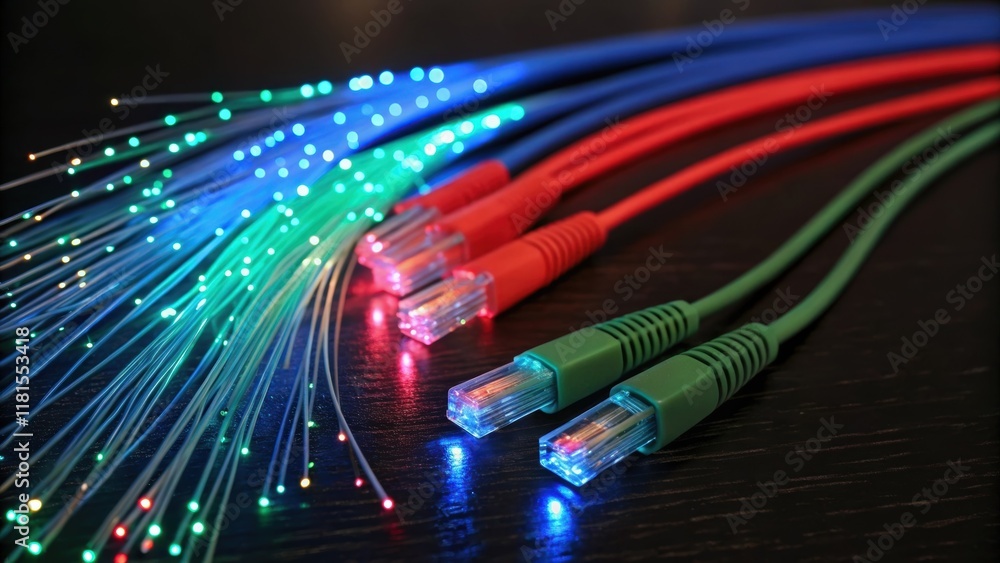 Poster An array of fiber optic cables illuminated with pulses of colored light the strands elegantly intertwined and forming a complex colorful pattern. The focus highlights the glass