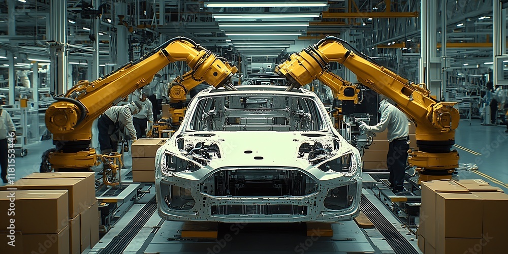 Leinwandbilder automated car manufacturing factory with robotic arms in action : generative ai
