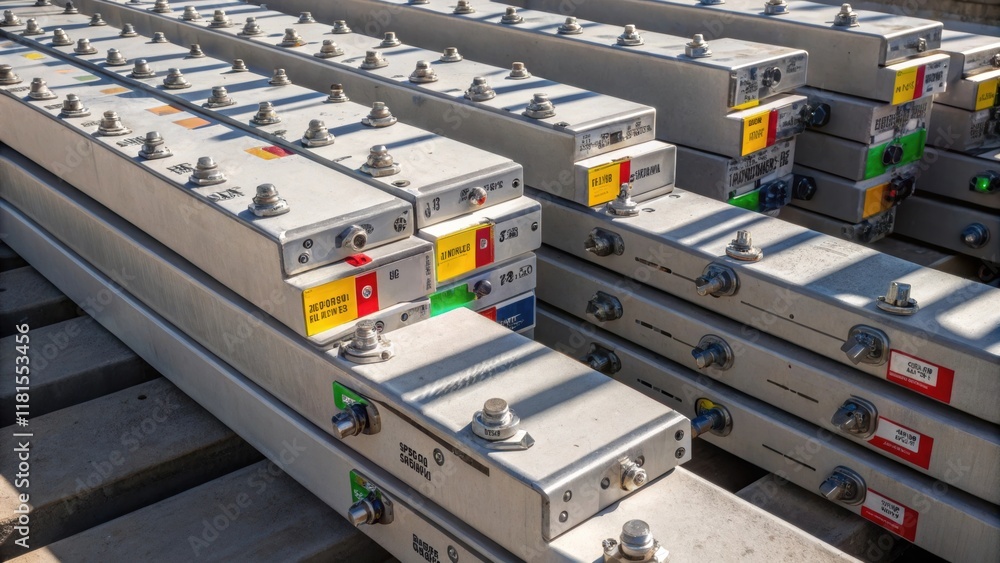 Aufkleber An array of preassembled tunnel lining sections stacked varying heights their metallic connectors gleaming underwork lights. Each module is distinctly marked with colorcoded labels