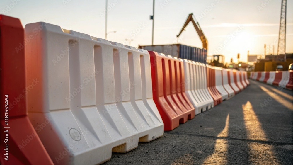 Poster An array of newly manufactured traffic barriers stacked vertically showcasing their crisp edges and smooth surfaces. The sun casts soft shadows between the barriers creating a play