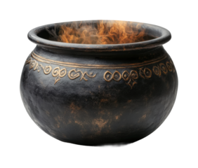 Witch cauldron with swirling smoke and flame for magical and mystical themes. Isolated on transparent background, png.