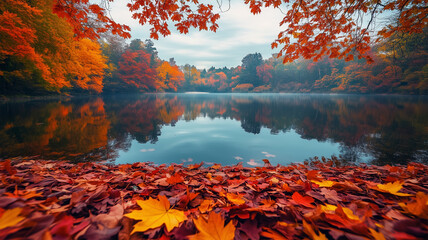紅葉が映り込む湖面と岸辺の秋の静けさ