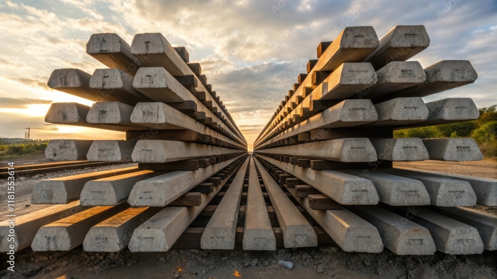 Fototapete an artfully shot angle of precast concrete rail ties stacked haphazardly reveals the differing heigh