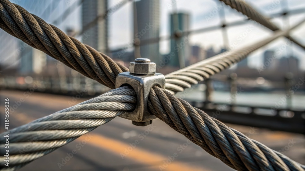Poster an artistically composed shot zooms in on the junction where thick cables meet a metal anchor point.